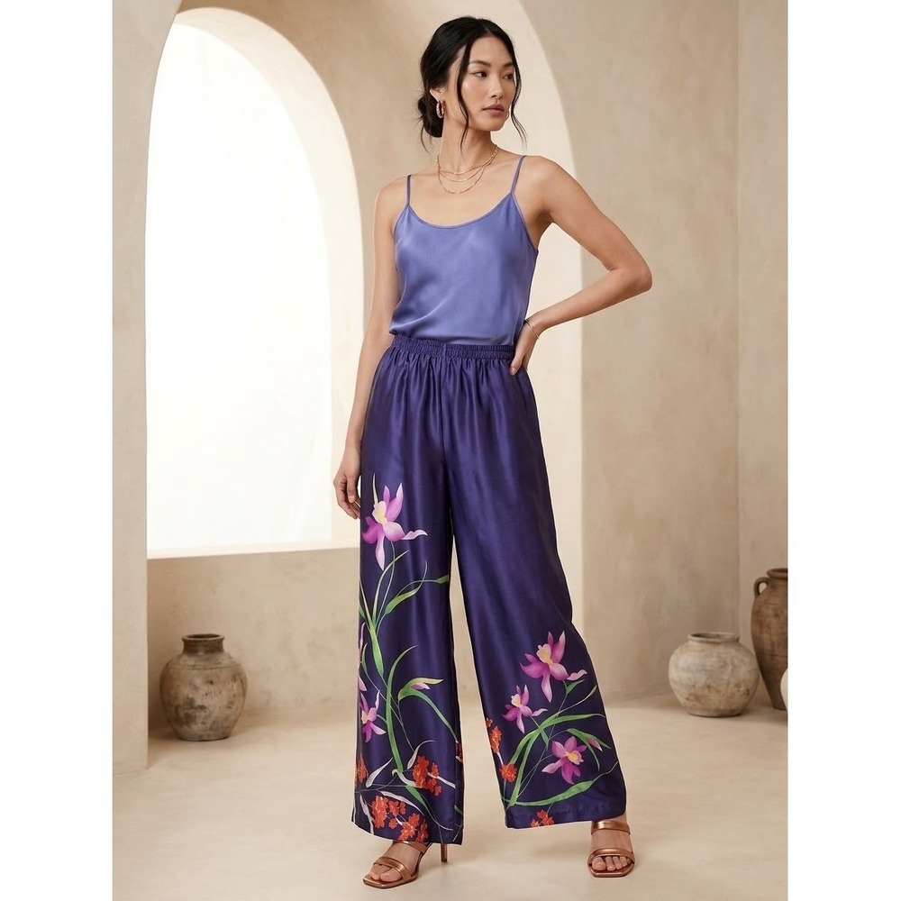 Soft Surroundings Silk Wide Leg Pants L Purple Floral Resort Luxe Feminine